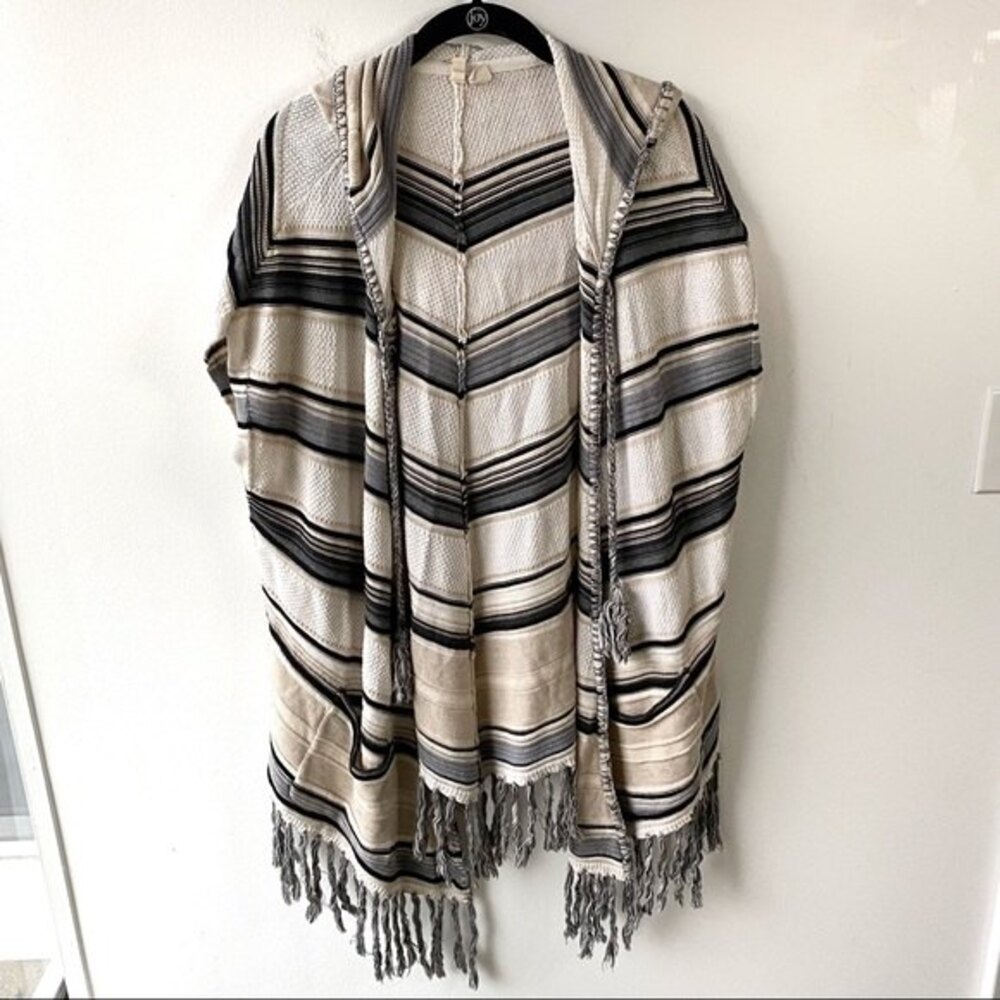 Anthropologie Moth Striped Textured Open Front Fringe Knit Hooded Cardigan